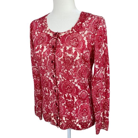 Talbots Merino Wool Button Front Cardigan Sweater Medallion Floral Red Sz MP - Picture 5 of 11